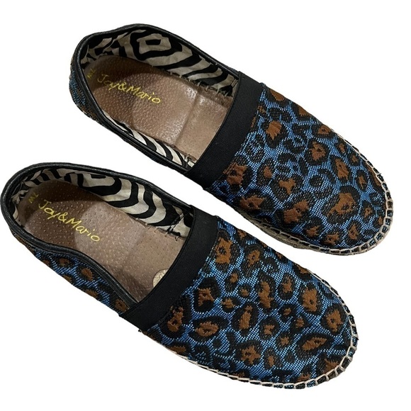 Joy & Mario 7 Blue Leopard Print Espadrilles Flat Slip On Shoes Leather - Picture 2 of 5